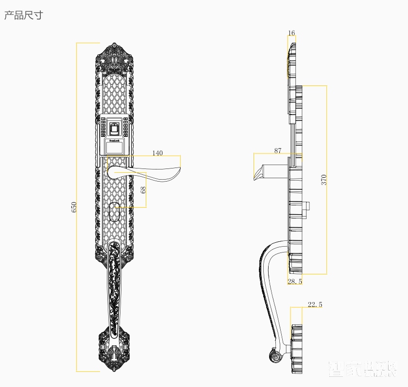 施肯洛克唯系列指纹锁/密码锁、滑盖、24K金、锌合金面板S-1587K24K