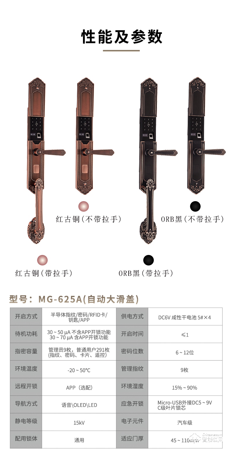 O1C科罗格智能锁 MG-625A自动大滑盖别墅门指纹锁智能锁