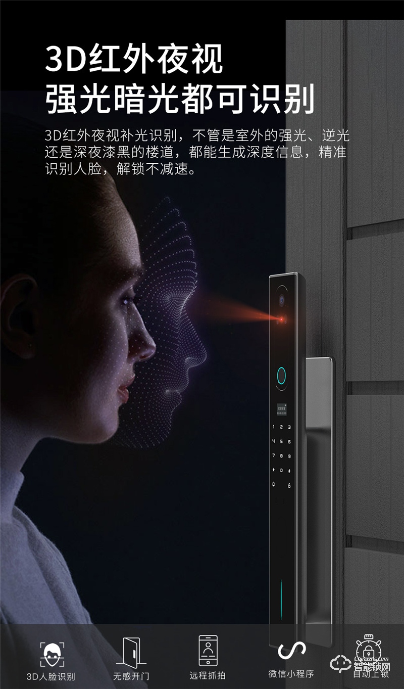 魅指3D双目人脸识别智能锁 刷脸秒开无感开门 