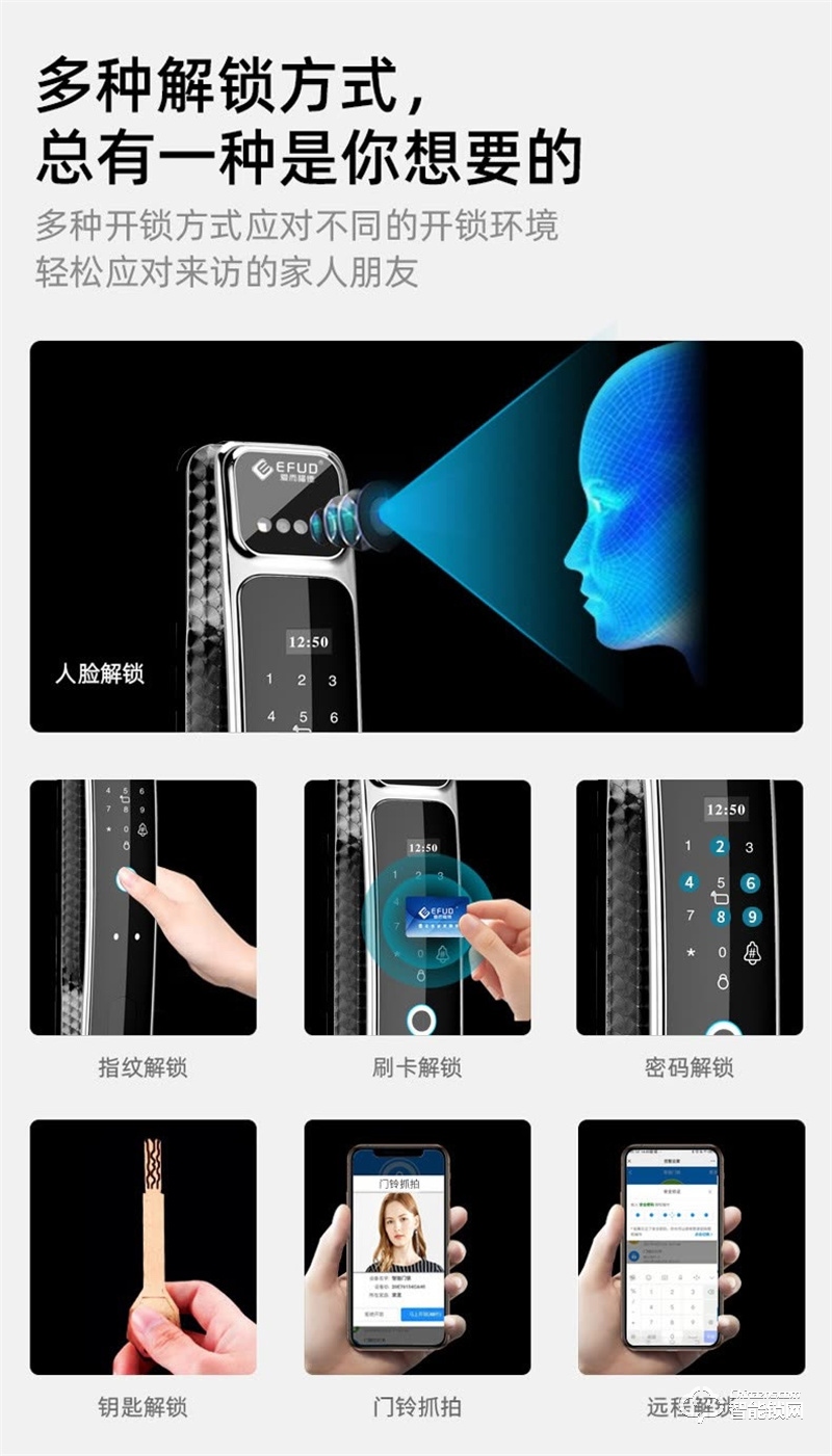 爱而福德指纹锁F1909 全自动3D人脸可视猫眼智能锁